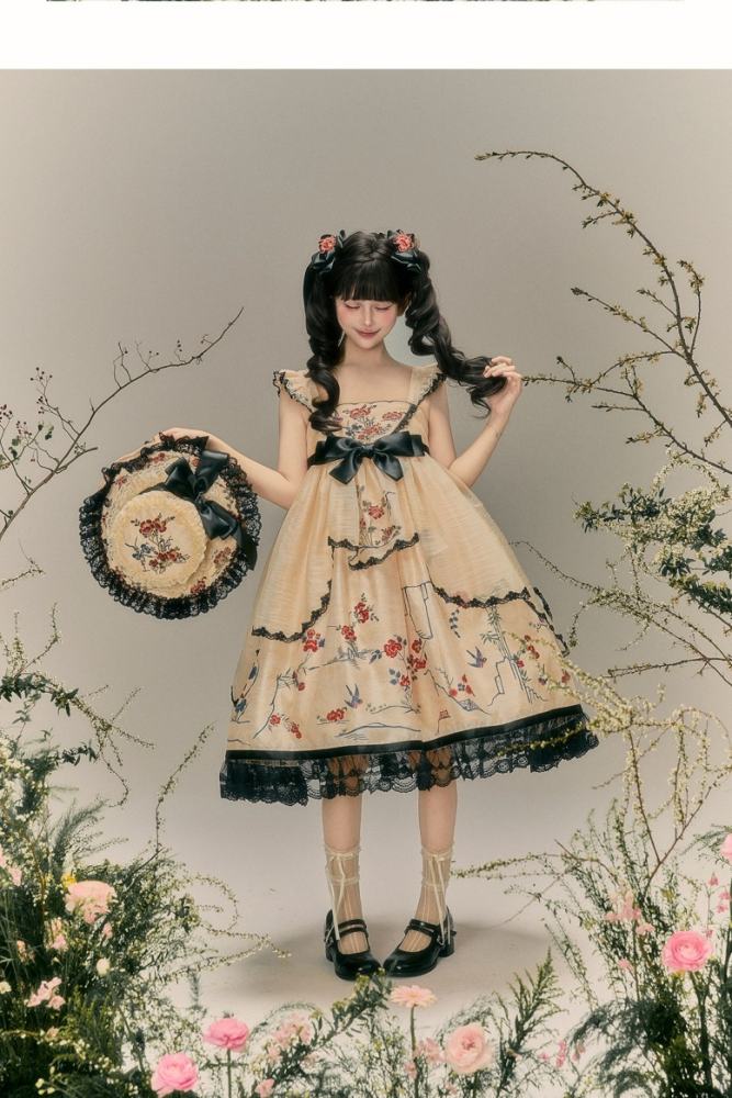 Yimu Walnut ~Flower Bird Amber~ Hanfu Qi Lolita JSK Top Cape and Hat