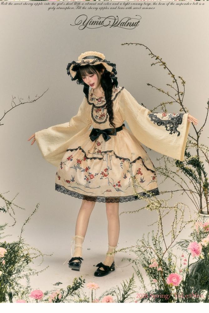 Yimu Walnut ~Flower Bird Amber~ Hanfu Qi Lolita JSK Top Cape and Hat
