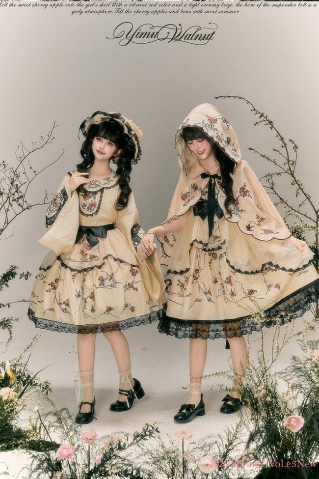 Yimu Walnut ~Flower Bird Amber~ Hanfu Qi Lolita JSK Top Cape and Hat
