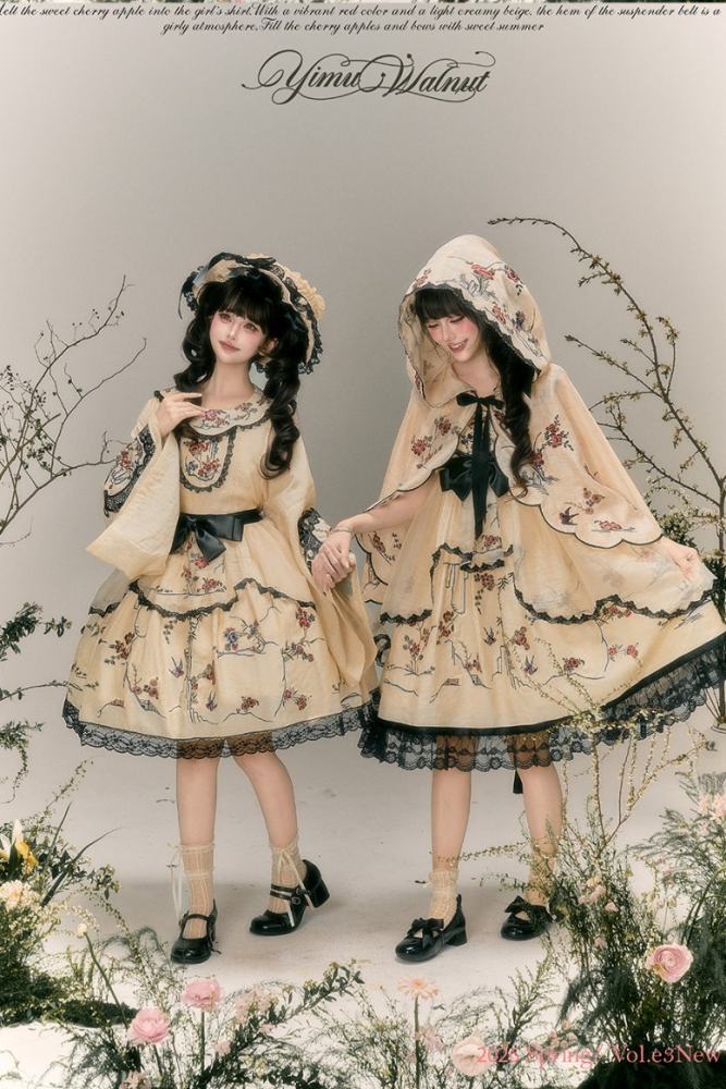 Yimu Walnut ~Flower Bird Amber~ Hanfu Qi Lolita JSK Top Cape and Hat