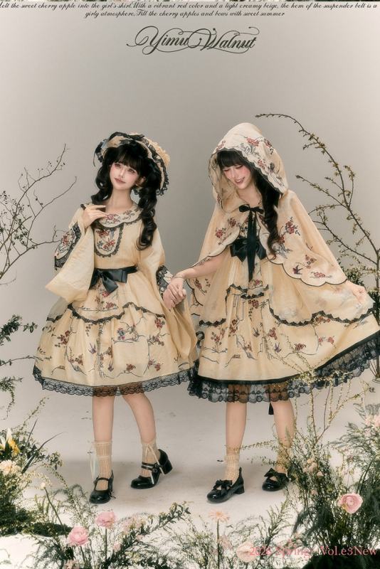 Yimu Walnut ~Flower Bird Amber~ Hanfu Qi Lolita JSK Top Cape and Hat