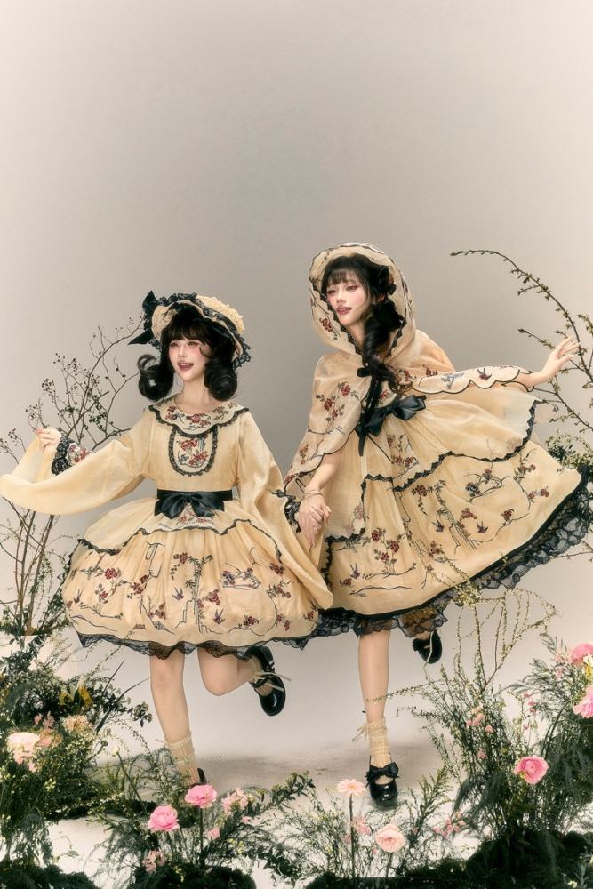 Yimu Walnut ~Flower Bird Amber~ Hanfu Qi Lolita JSK Top Cape and Hat
