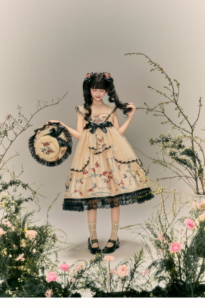 Yimu Walnut ~Flower Bird Amber~ Hanfu Qi Lolita JSK Top Cape and Hat