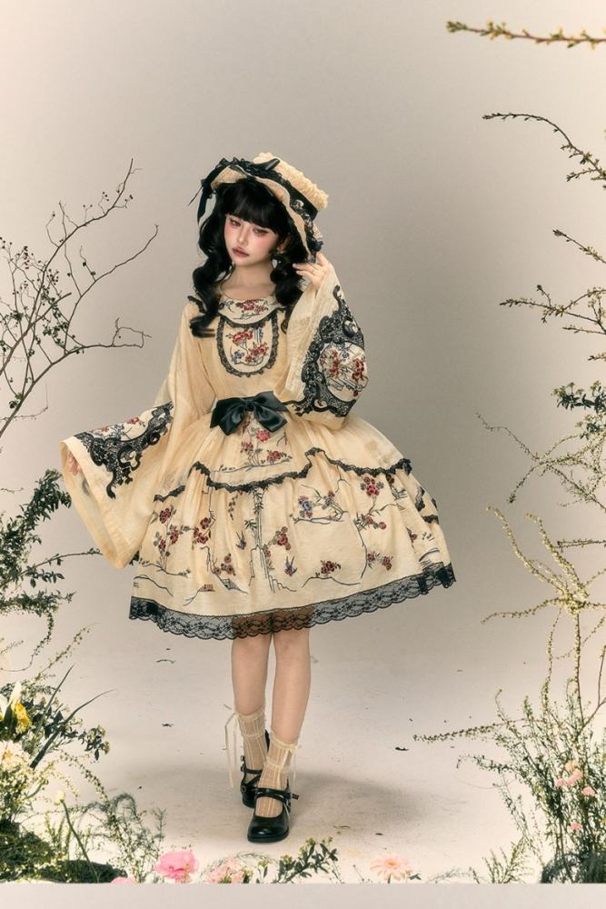 Yimu Walnut ~Flower Bird Amber~ Hanfu Qi Lolita JSK Top Cape and Hat