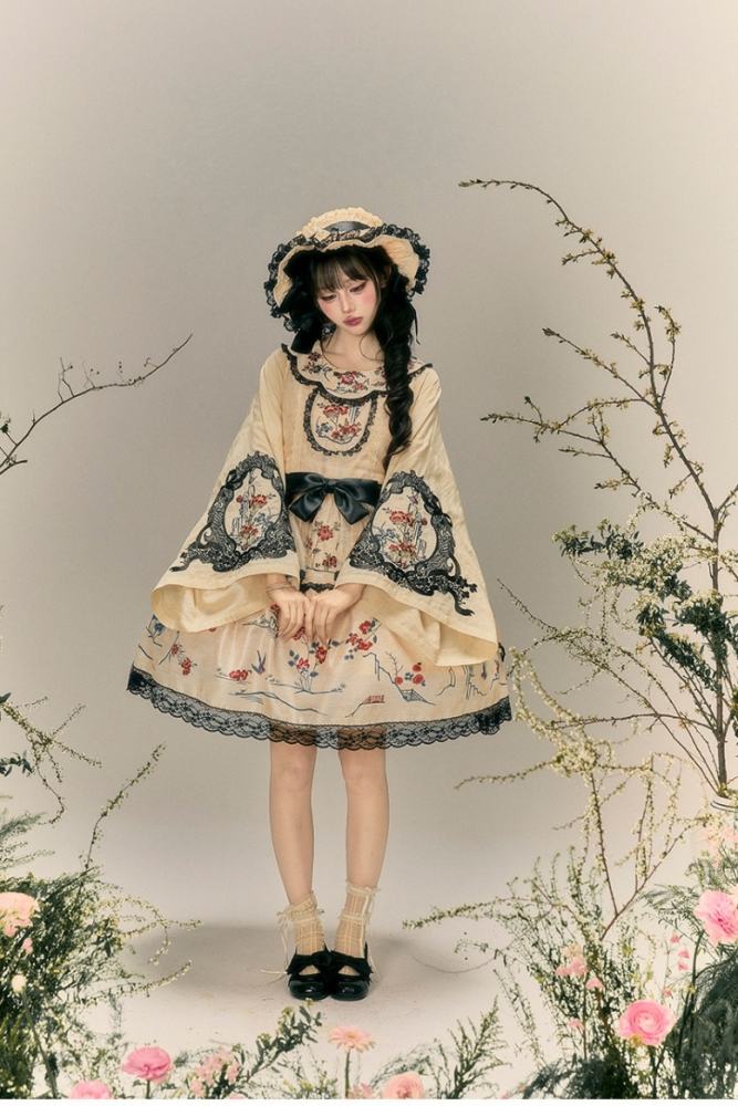 Yimu Walnut ~Flower Bird Amber~ Hanfu Qi Lolita JSK Top Cape and Hat