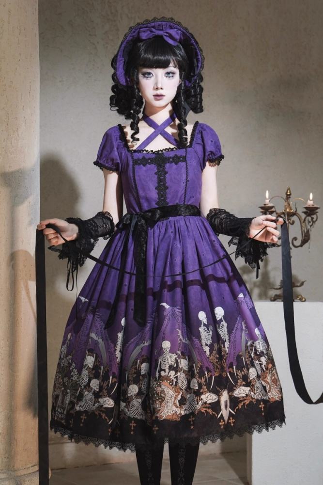 Nnstar Dragon Bone Lily Retro Gothic OP Lolita Prints Dress 4 Colors