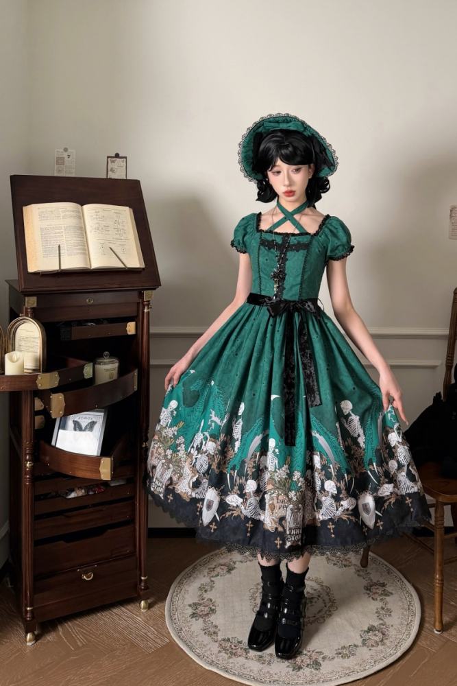 Nnstar Dragon Bone Lily Retro Gothic OP Lolita Prints Dress 4 Colors