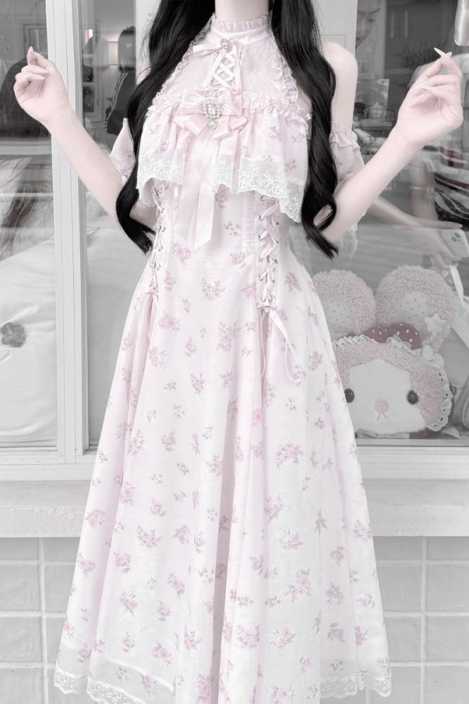Ekomi Off Shoulder Jirai Kei Pink Long Dress