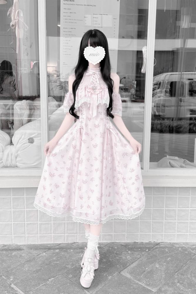 Ekomi Off Shoulder Jirai Kei Pink Long Dress