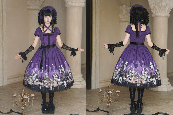 Nnstar Dragon Bone Lily Retro Gothic OP Lolita Prints Dress 4 Colors
