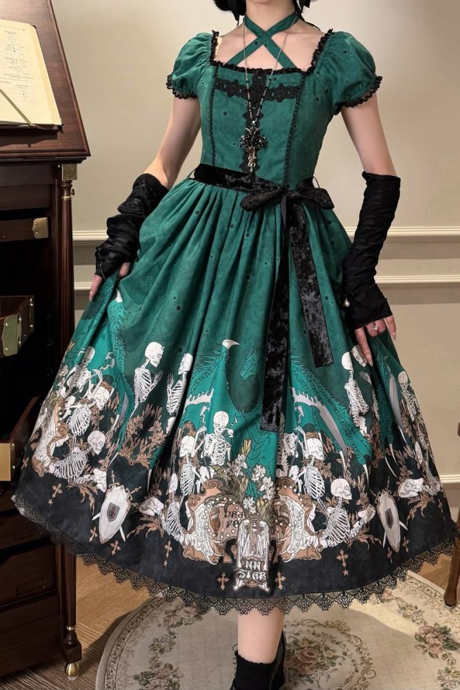 Nnstar Dragon Bone Lily Retro Gothic OP Lolita Prints Dress 4 Colors