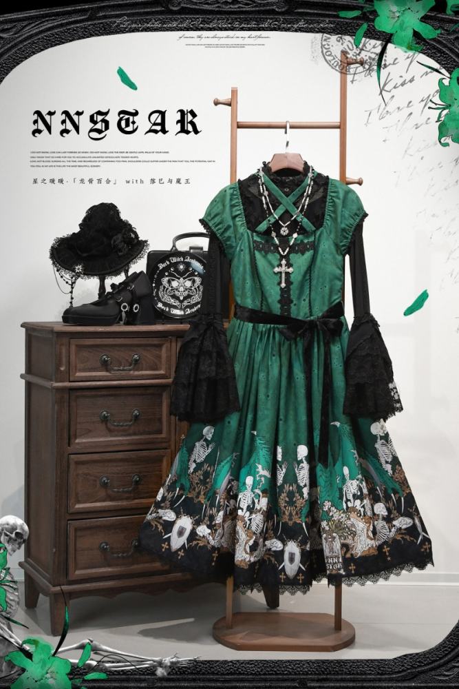 Nnstar Dragon Bone Lily Retro Gothic OP Lolita Prints Dress 4 Colors