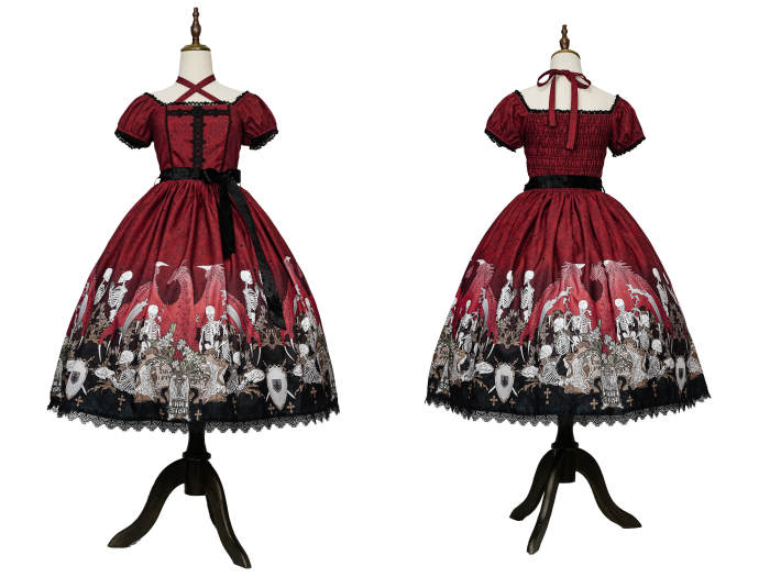 Nnstar Dragon Bone Lily Retro Gothic OP Lolita Prints Dress 4 Colors