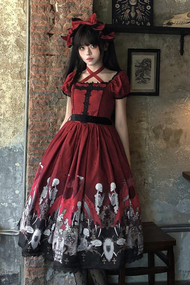 Nnstar Dragon Bone Lily Retro Gothic OP Lolita Prints Dress 4 Colors