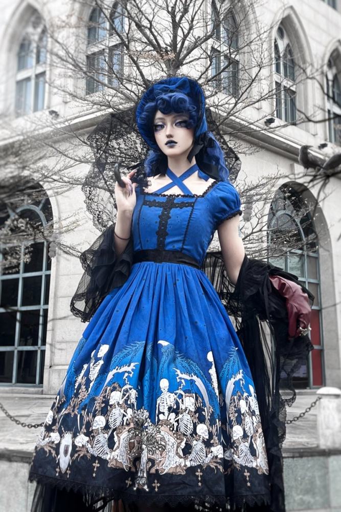 Nnstar Dragon Bone Lily Retro Gothic OP Lolita Prints Dress 4 Colors