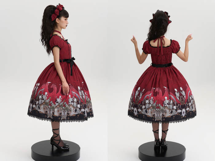 Nnstar Dragon Bone Lily Retro Gothic OP Lolita Prints Dress 4 Colors