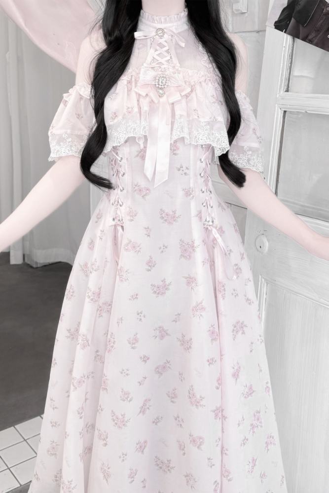 Ekomi Off Shoulder Jirai Kei Pink Long Dress