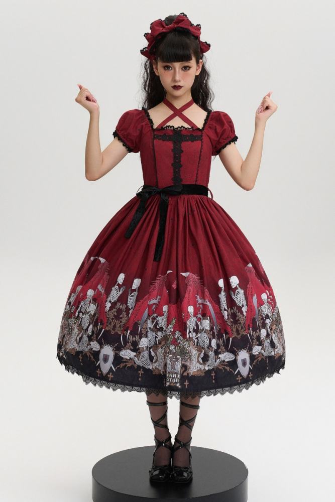 Nnstar Dragon Bone Lily Retro Gothic OP Lolita Prints Dress 4 Colors