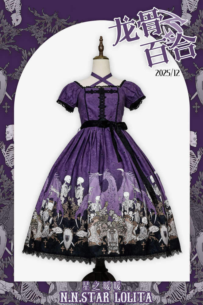 Nnstar Dragon Bone Lily Retro Gothic OP Lolita Prints Dress 4 Colors