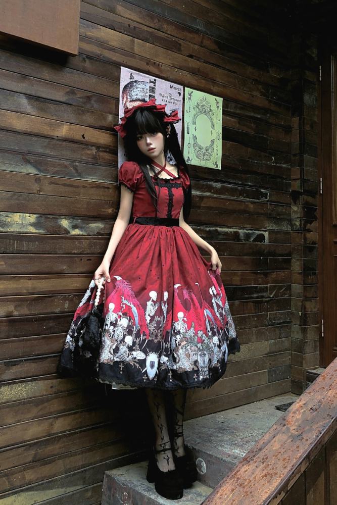 Nnstar Dragon Bone Lily Retro Gothic OP Lolita Prints Dress 4 Colors