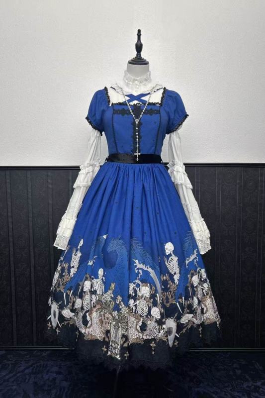 Nnstar Dragon Bone Lily Retro Gothic OP Lolita Prints Dress 4 Colors