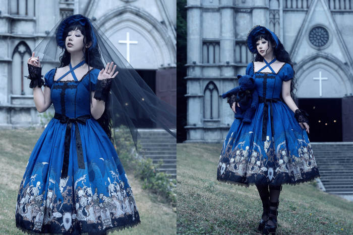 Nnstar Dragon Bone Lily Retro Gothic OP Lolita Prints Dress 4 Colors
