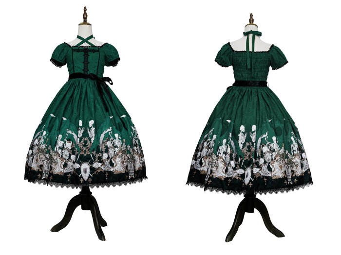 Nnstar Dragon Bone Lily Retro Gothic OP Lolita Prints Dress 4 Colors