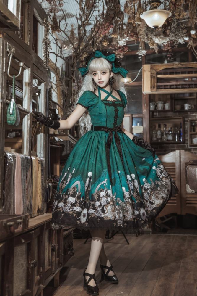 Nnstar Dragon Bone Lily Retro Gothic OP Lolita Prints Dress 4 Colors