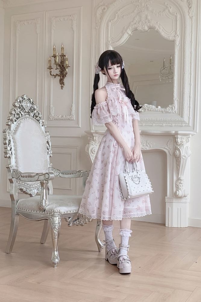 Ekomi Off Shoulder Jirai Kei Pink Long Dress