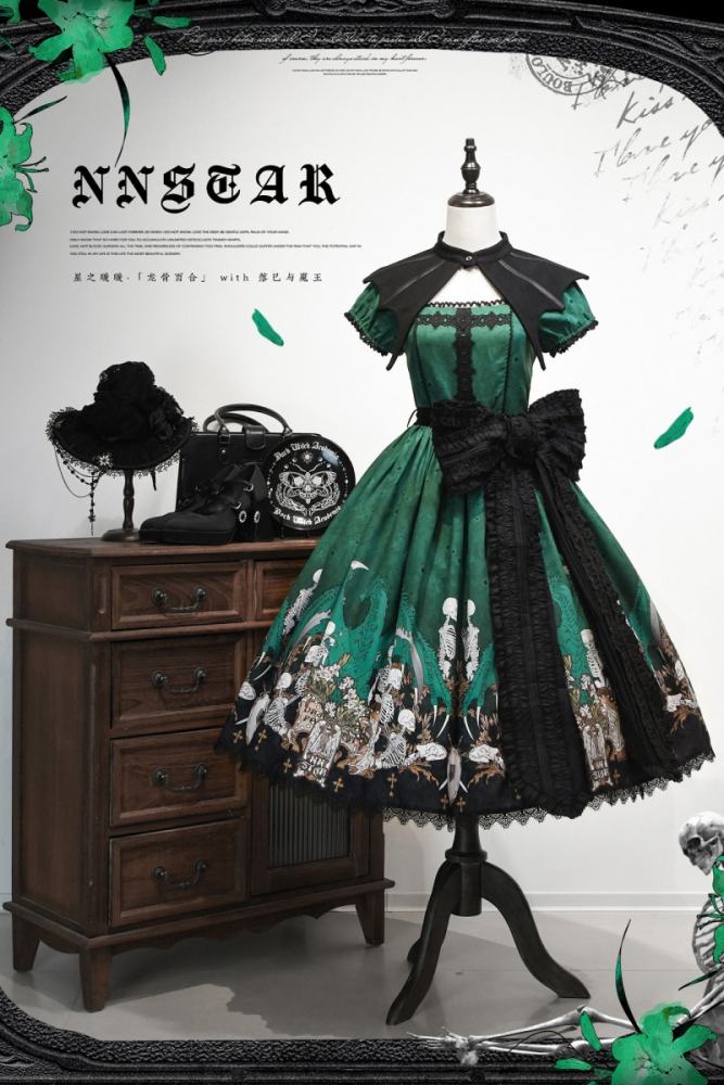Nnstar Dragon Bone Lily Retro Gothic OP Lolita Prints Dress 4 Colors