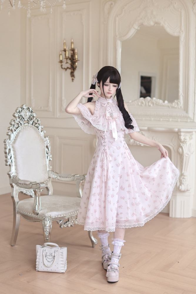 Ekomi Off Shoulder Jirai Kei Pink Long Dress