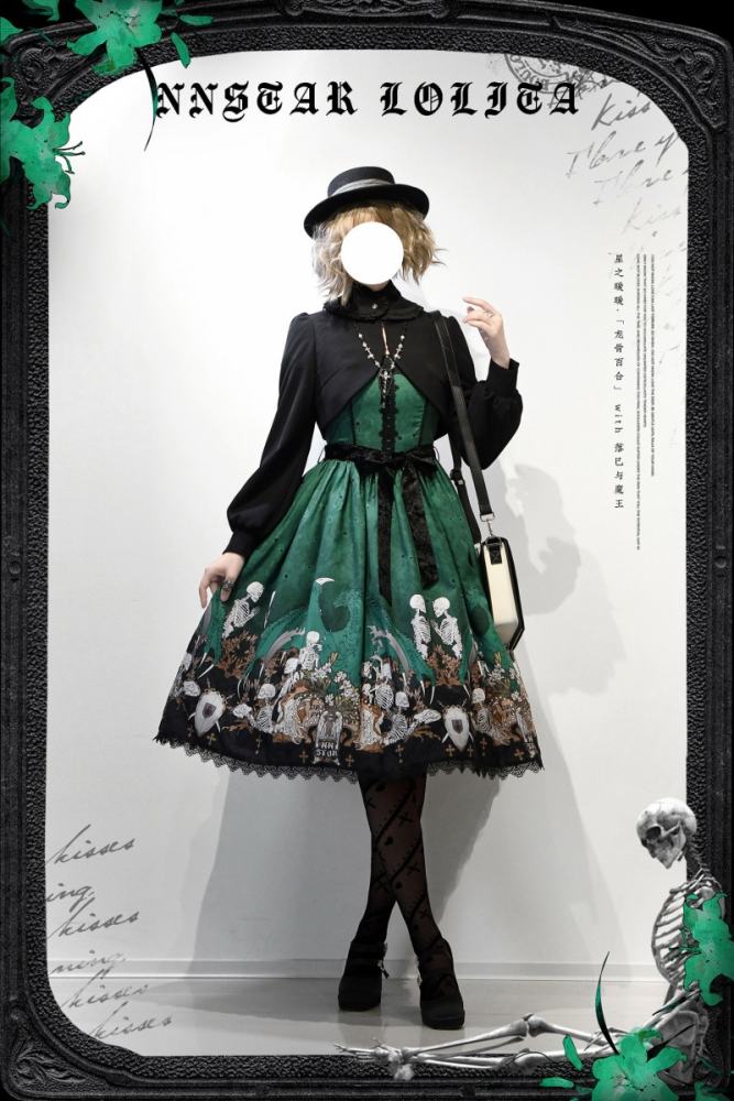 Nnstar Dragon Bone Lily Retro Gothic OP Lolita Prints Dress 4 Colors