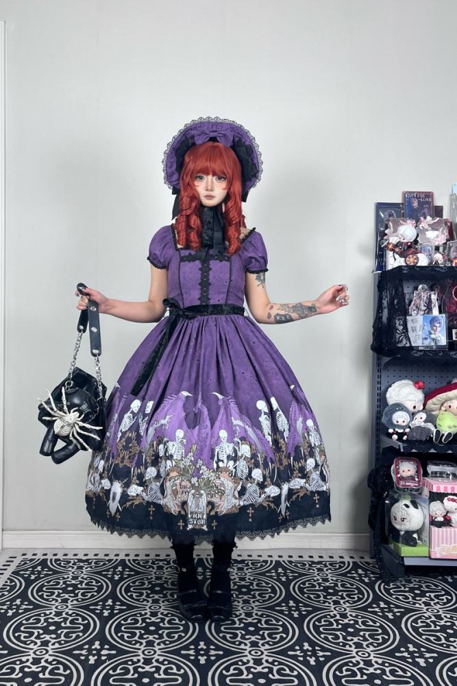 Nnstar Dragon Bone Lily Retro Gothic OP Lolita Prints Dress 4 Colors