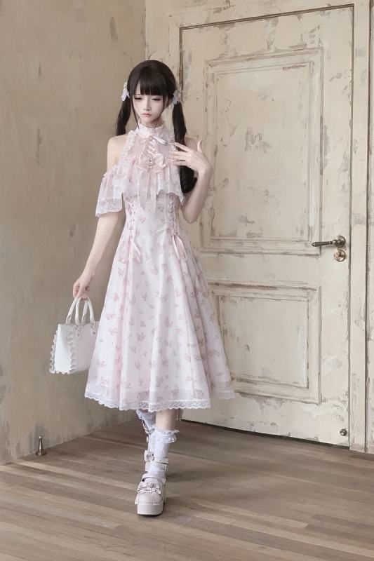 Ekomi Off Shoulder Jirai Kei Pink Long Dress