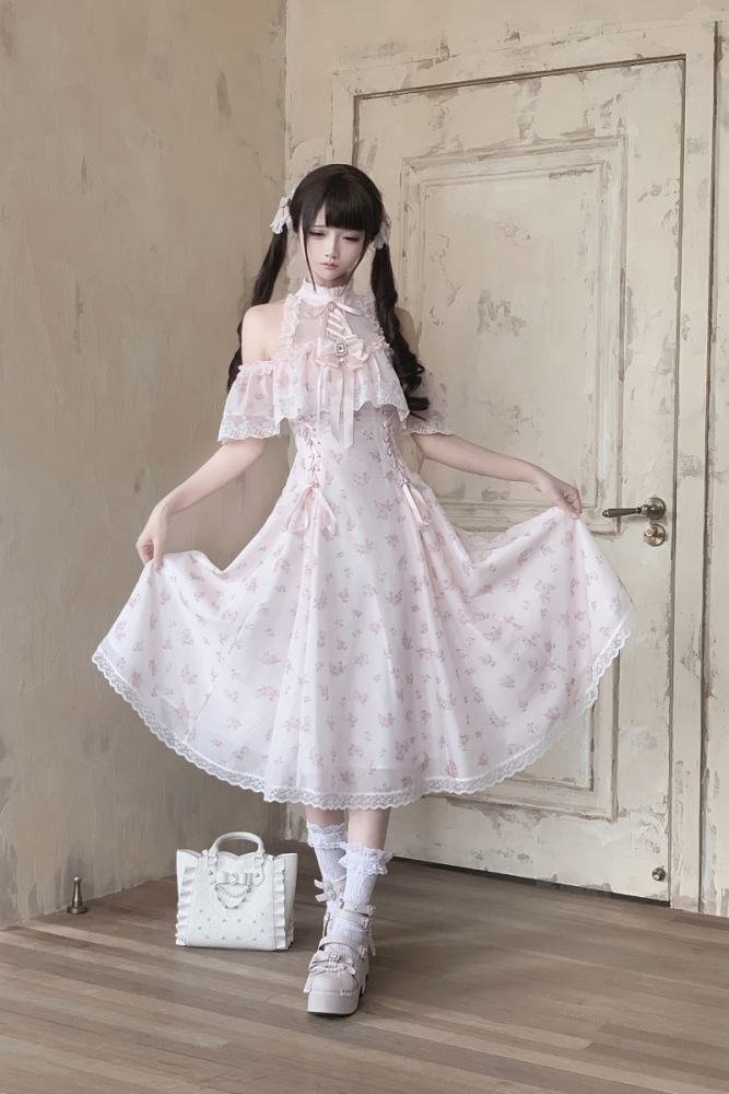 Ekomi Off Shoulder Jirai Kei Pink Long Dress