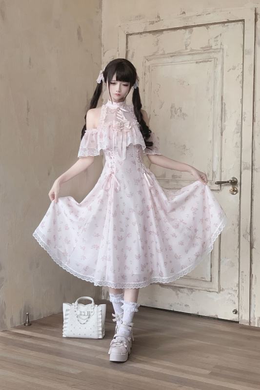 Ekomi Off Shoulder Jirai Kei Pink Long Dress
