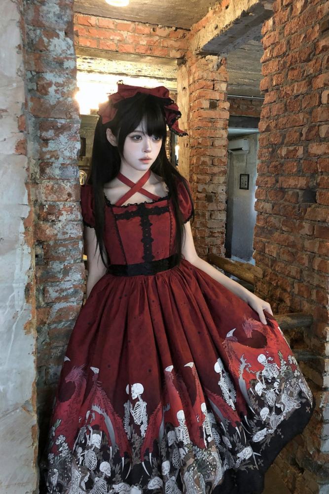 Nnstar Dragon Bone Lily Retro Gothic OP Lolita Prints Dress 4 Colors