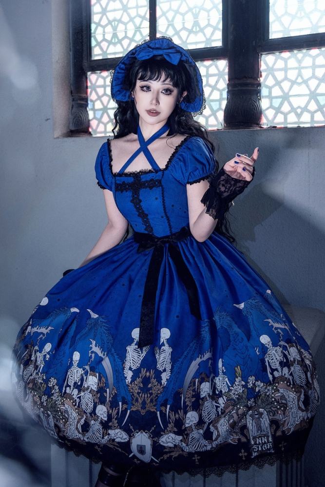 Nnstar Dragon Bone Lily Retro Gothic OP Lolita Prints Dress 4 Colors