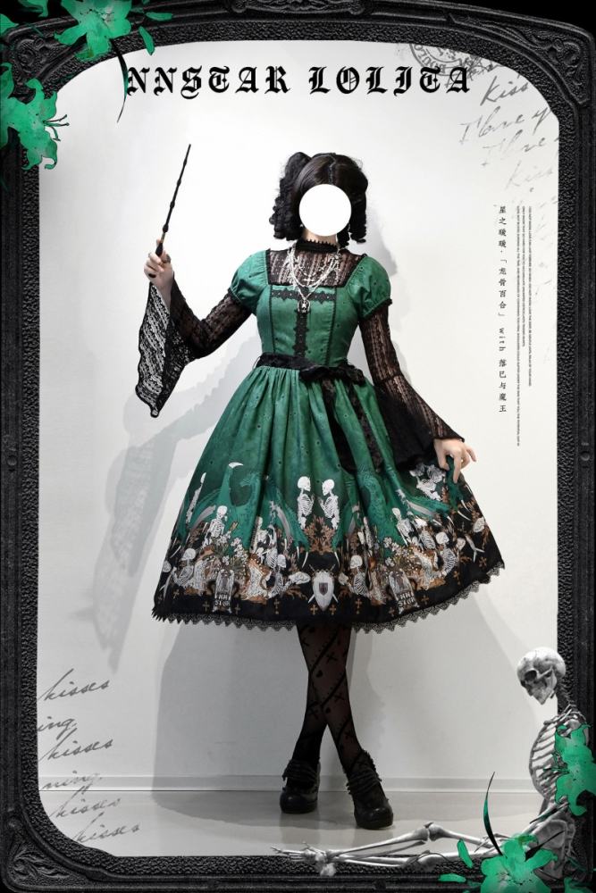 Nnstar Dragon Bone Lily Retro Gothic OP Lolita Prints Dress 4 Colors
