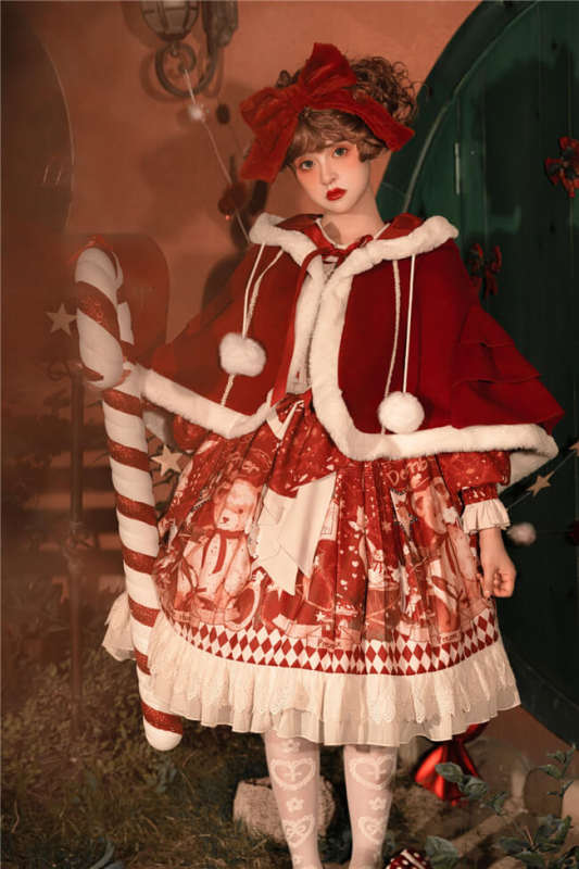 Sweet Bear Gift House Christmas Lolita Dress One Pieces, Cape