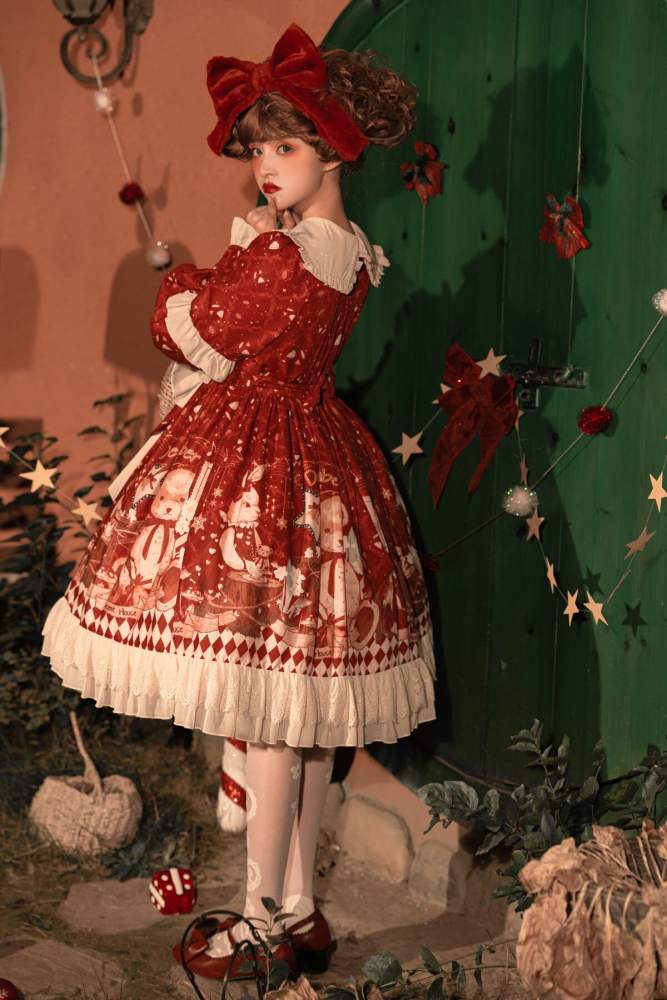 Sweet Bear Gift House Christmas Lolita Dress One Pieces, Cape