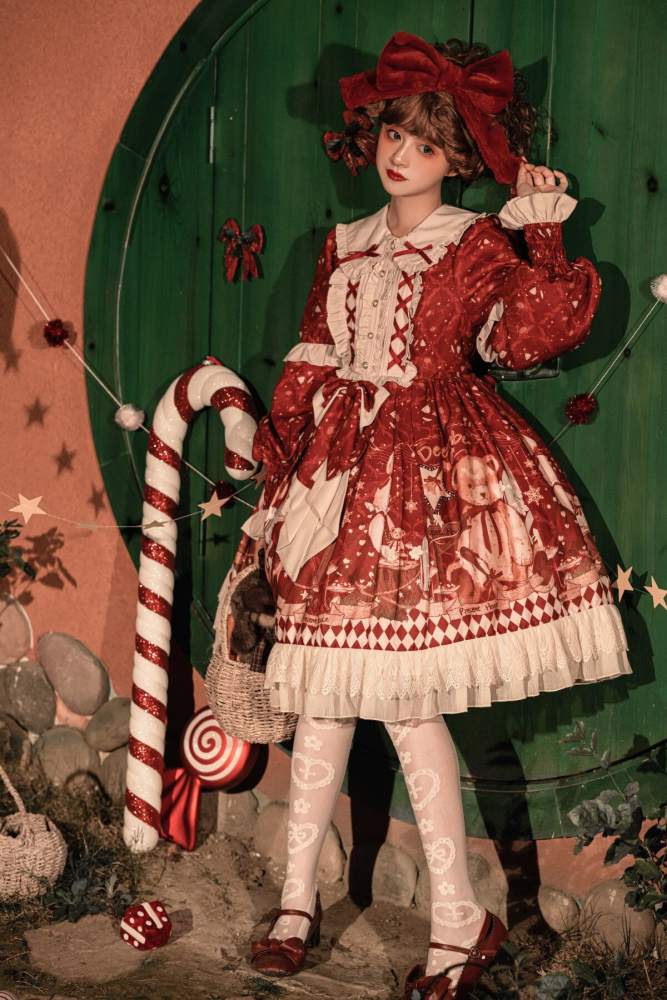 Sweet Bear Gift House Christmas Lolita Dress One Pieces, Cape