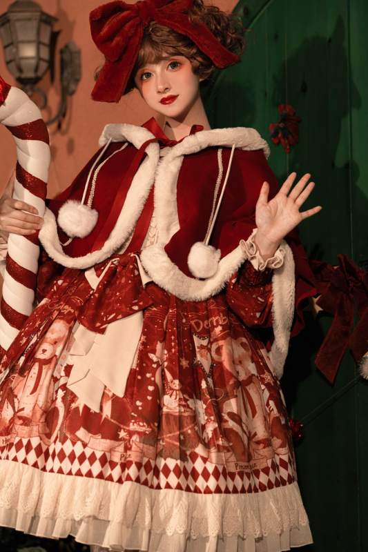 Sweet Bear Gift House Christmas Lolita Dress One Pieces, Cape