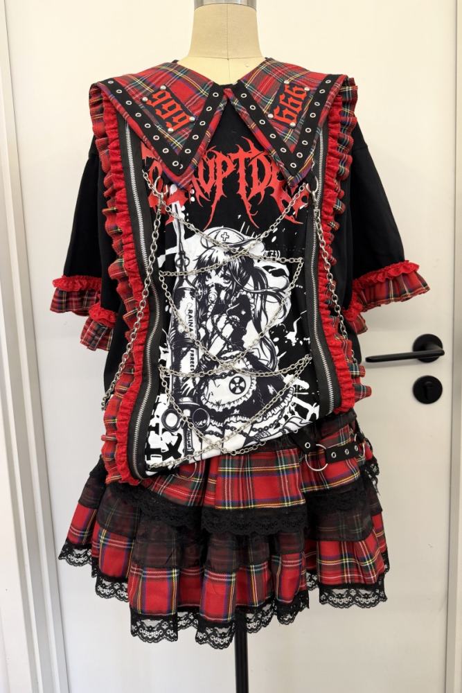 Red Devil Subculture Punk Sailor Collar Black T-shirt