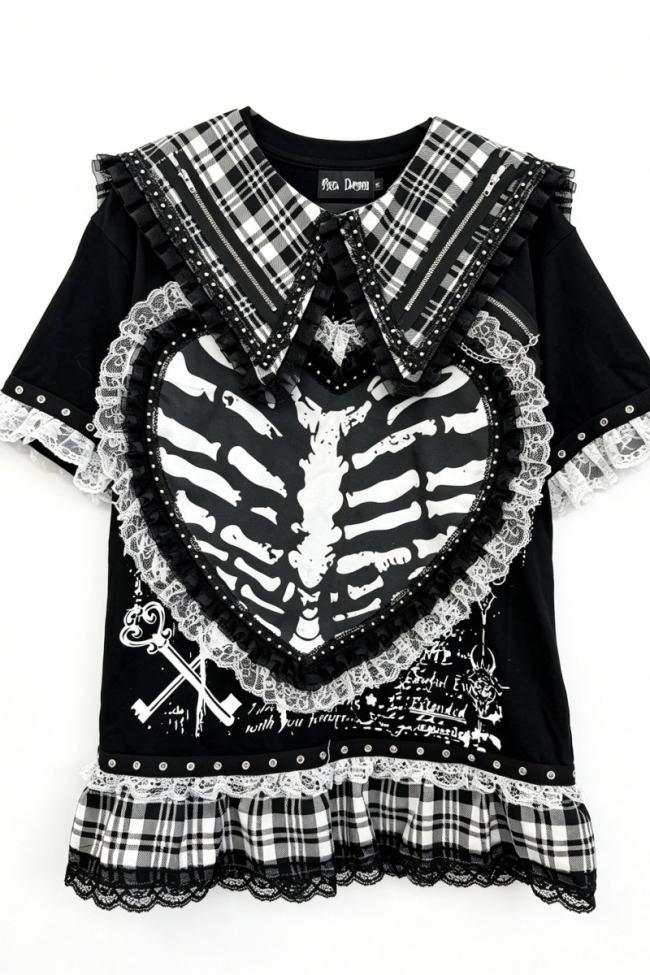 Red Devil Subculture Punk Sailor Collar Black T-shirt