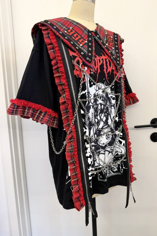 Red Devil Subculture Punk Sailor Collar Black T-shirt