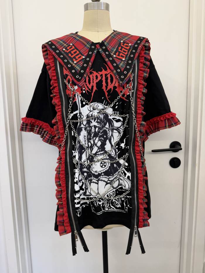 Red Devil Subculture Punk Sailor Collar Black T-shirt