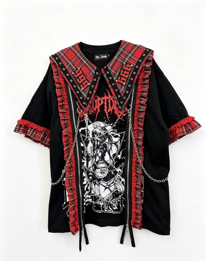 Red Devil Subculture Punk Sailor Collar Black T-shirt