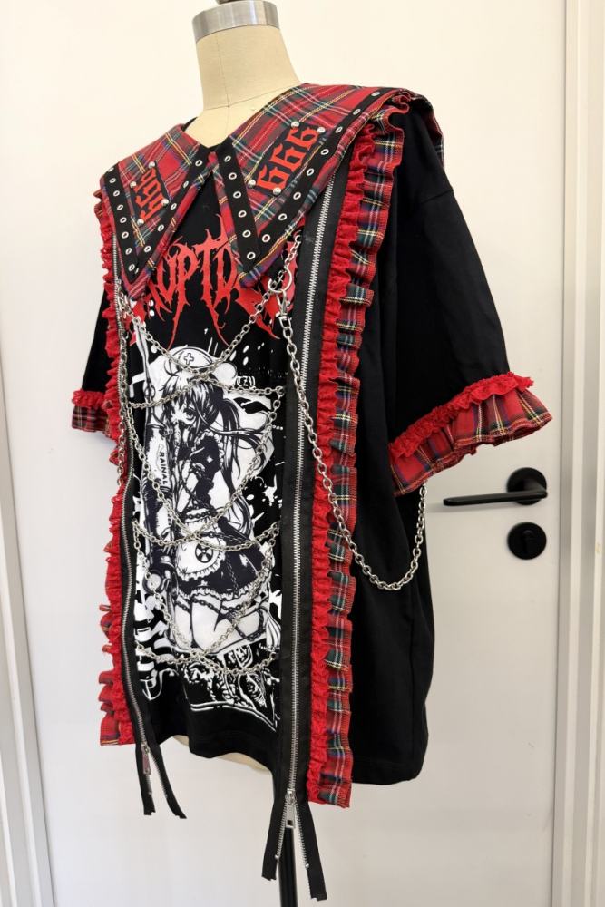 Red Devil Subculture Punk Sailor Collar Black T-shirt