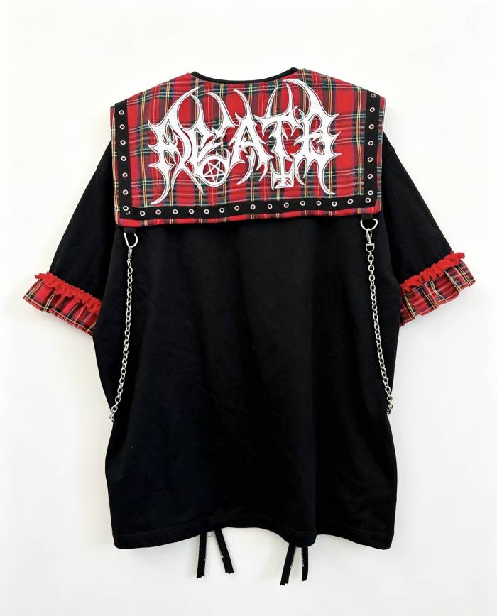 Red Devil Subculture Punk Sailor Collar Black T-shirt